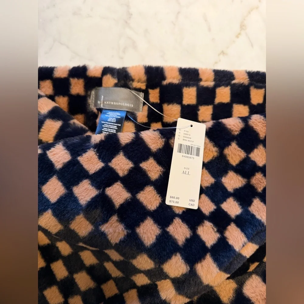 Anthropologie Navy & Tan Checkerboard Faux-Fur Wrap